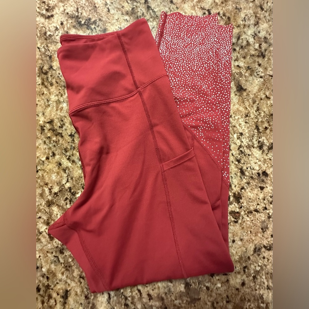 Red Zyia Leggings with White Dotted Pattern.  Full length with pockets.